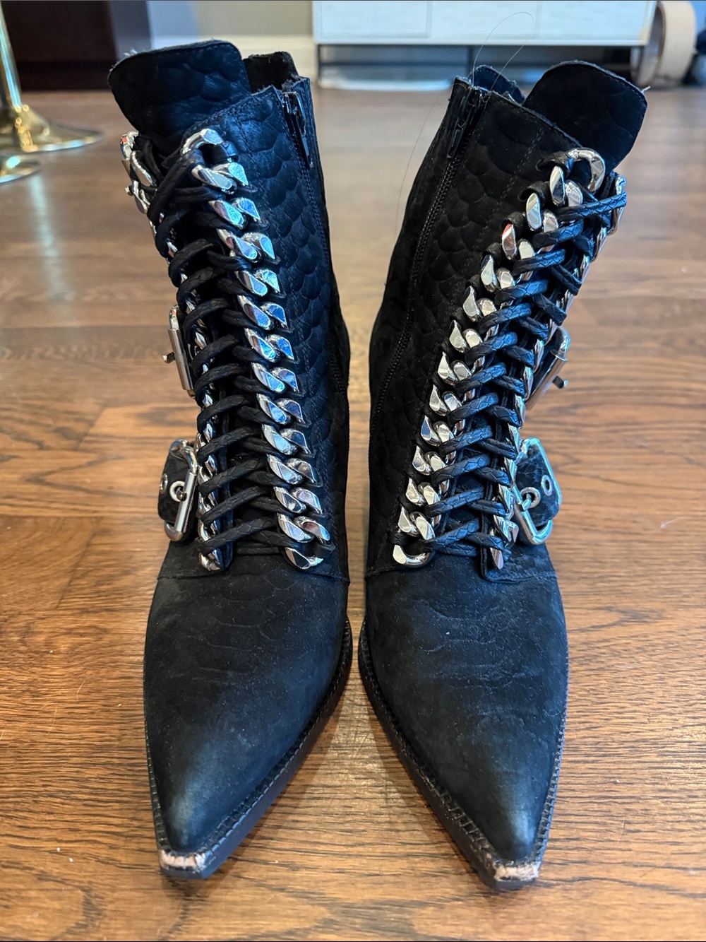 Jeffrey Campbell Black Lace-Up Ankle Boots with Silver Chain Trim